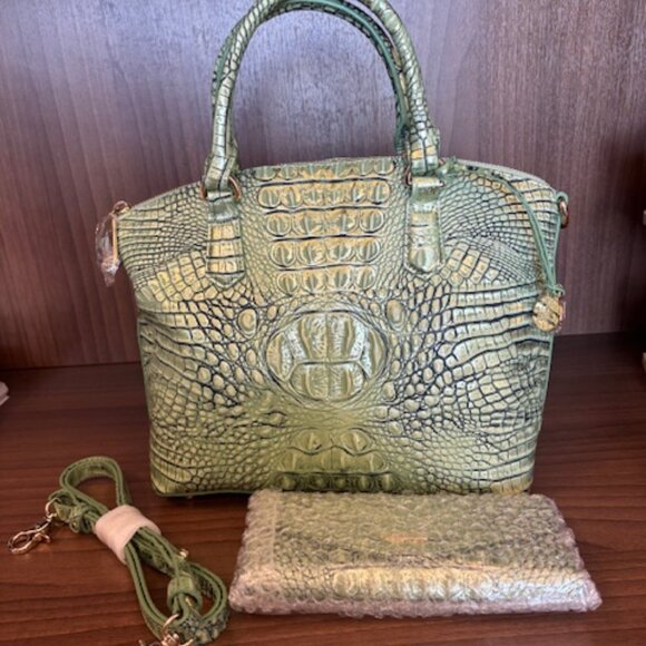 NWT BRAHMIN AGAVE METALLIC MEDIUM DUXBURY LEATHER DOME SATCHEL HANDBAG & WALLET - Picture 5 of 10